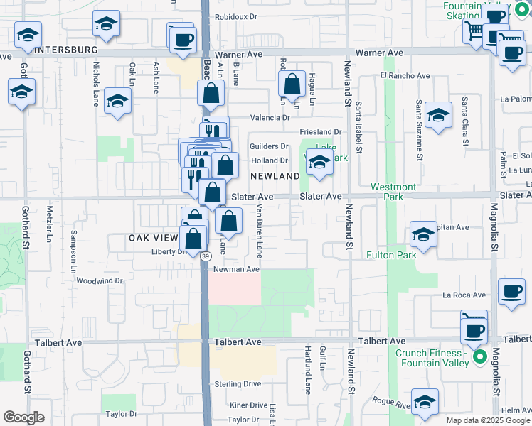map of restaurants, bars, coffee shops, grocery stores, and more near 17556 Van Buren Lane in Huntington Beach