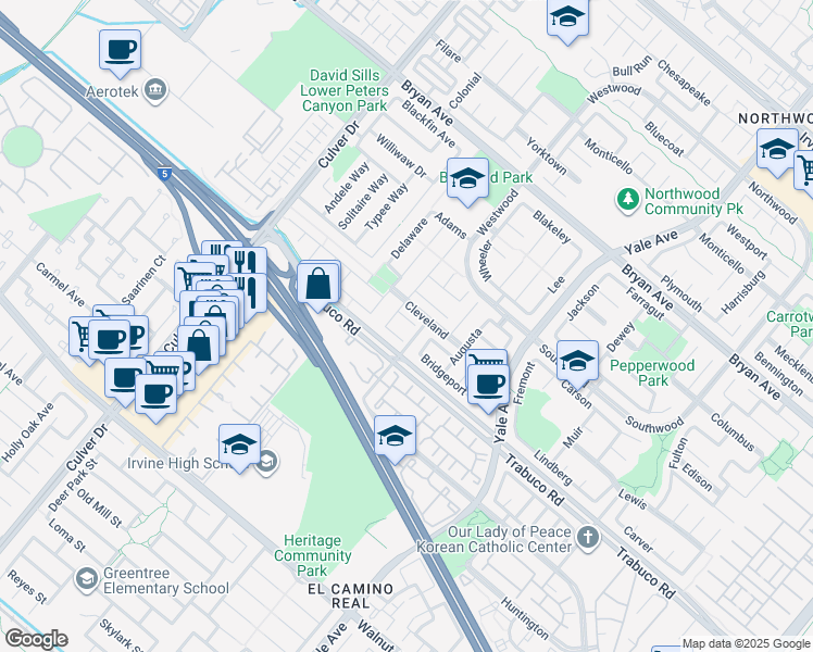 map of restaurants, bars, coffee shops, grocery stores, and more near 8 Burke in Irvine