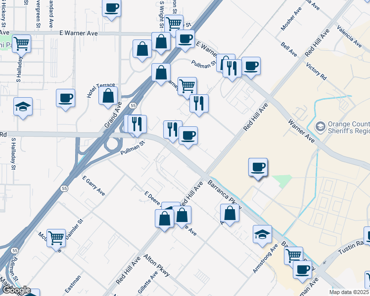 map of restaurants, bars, coffee shops, grocery stores, and more near 1951 East Dyer Road in Santa Ana