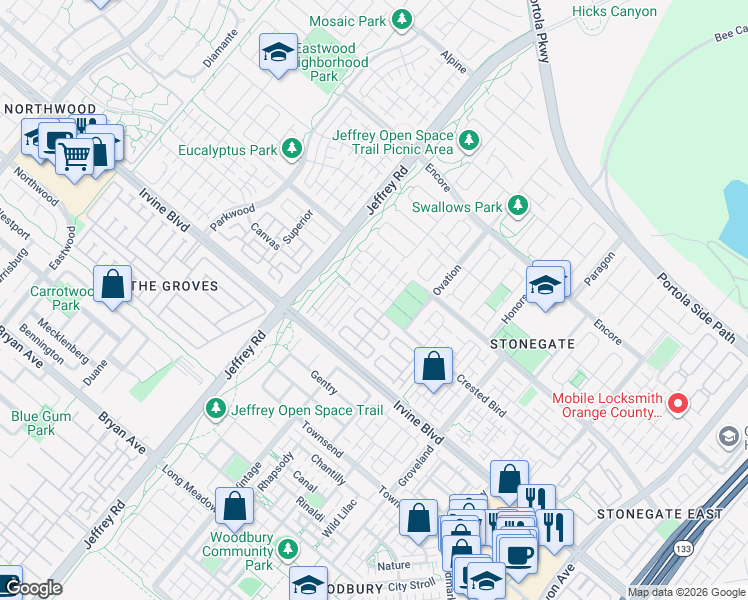 map of restaurants, bars, coffee shops, grocery stores, and more near 66 Rembrandt in Irvine