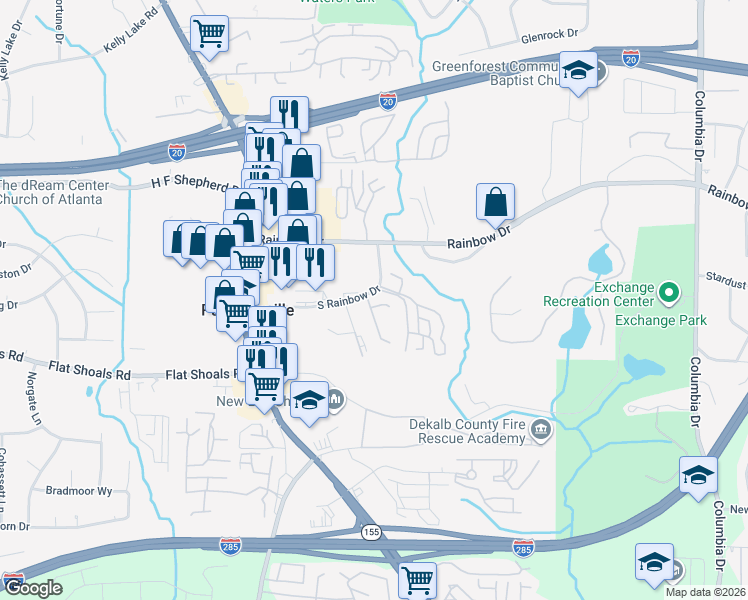 map of restaurants, bars, coffee shops, grocery stores, and more near 3015 Rainbow Drive in Decatur
