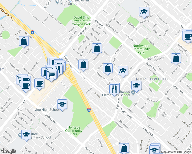 map of restaurants, bars, coffee shops, grocery stores, and more near 8 Burke in Irvine