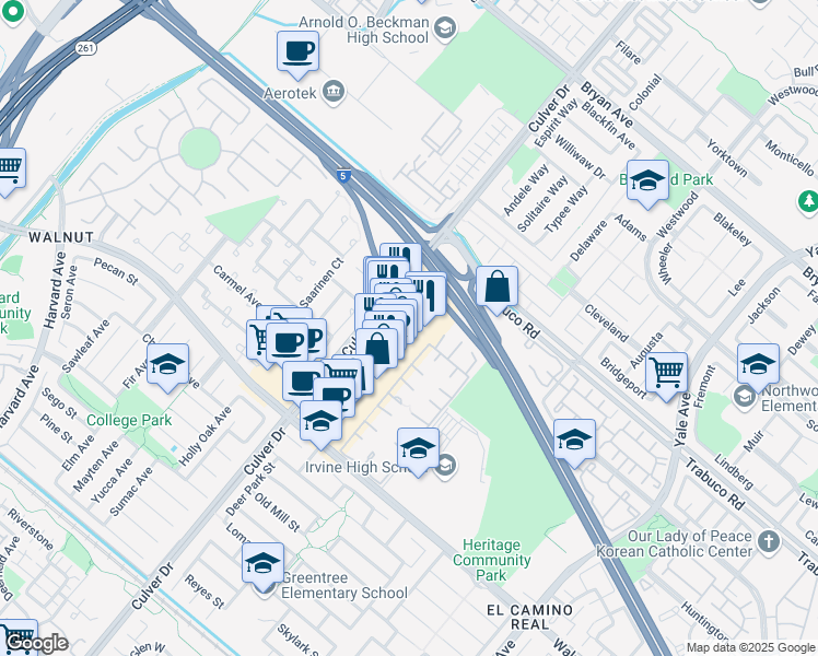 map of restaurants, bars, coffee shops, grocery stores, and more near 14150 Culver Drive in Irvine