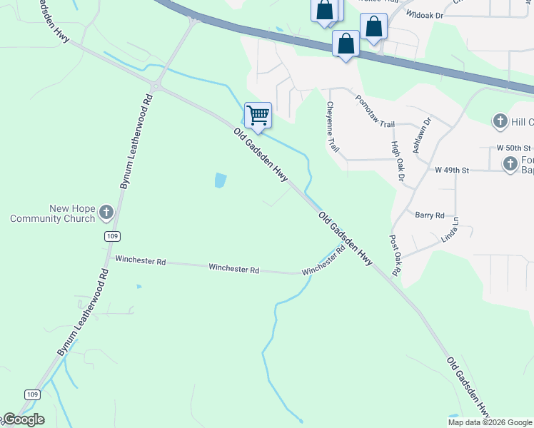map of restaurants, bars, coffee shops, grocery stores, and more near 96 Griffith Street in Anniston