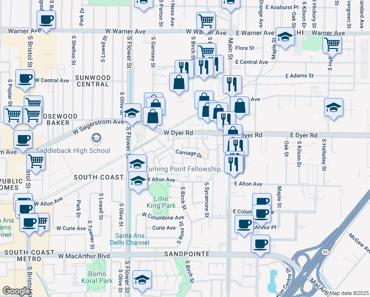 map of restaurants, bars, coffee shops, grocery stores, and more near 341 Carriage Drive in Santa Ana