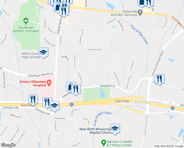 map of restaurants, bars, coffee shops, grocery stores, and more near 6136 Hillandale Drive in Lithonia