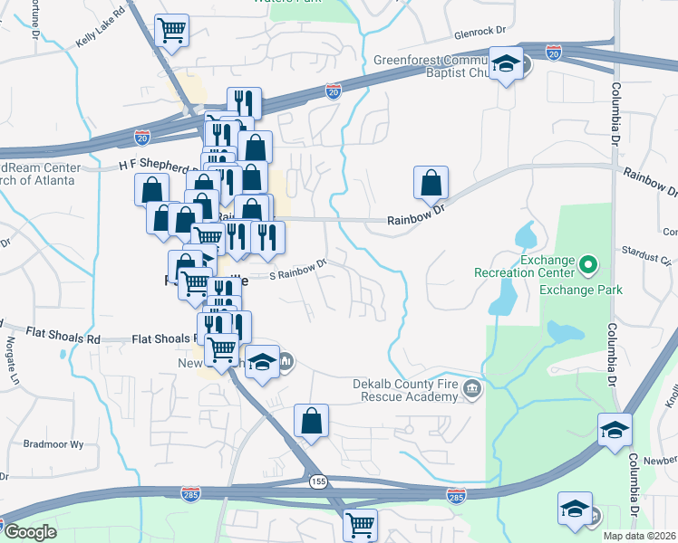 map of restaurants, bars, coffee shops, grocery stores, and more near 3022 Western Sunset in Decatur