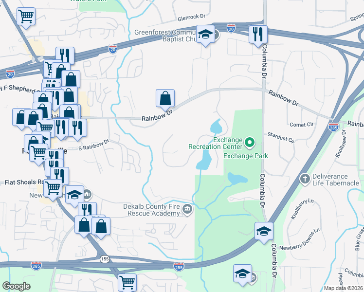 map of restaurants, bars, coffee shops, grocery stores, and more near 3172 Marcello Court in Decatur