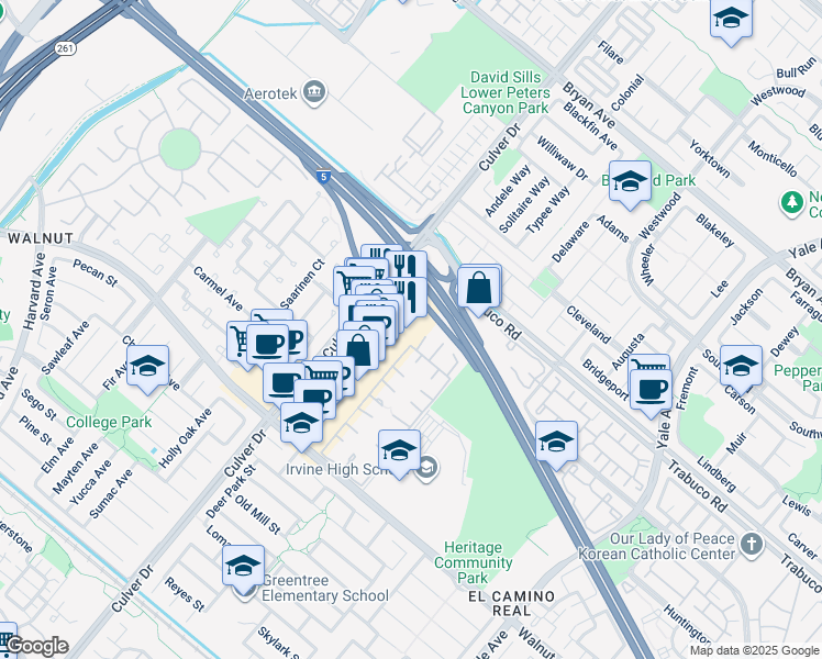 map of restaurants, bars, coffee shops, grocery stores, and more near 14120 Culver Drive in Irvine