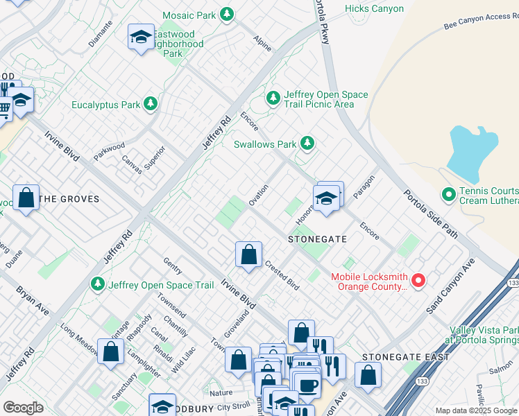 map of restaurants, bars, coffee shops, grocery stores, and more near 107 Beechmont in Irvine