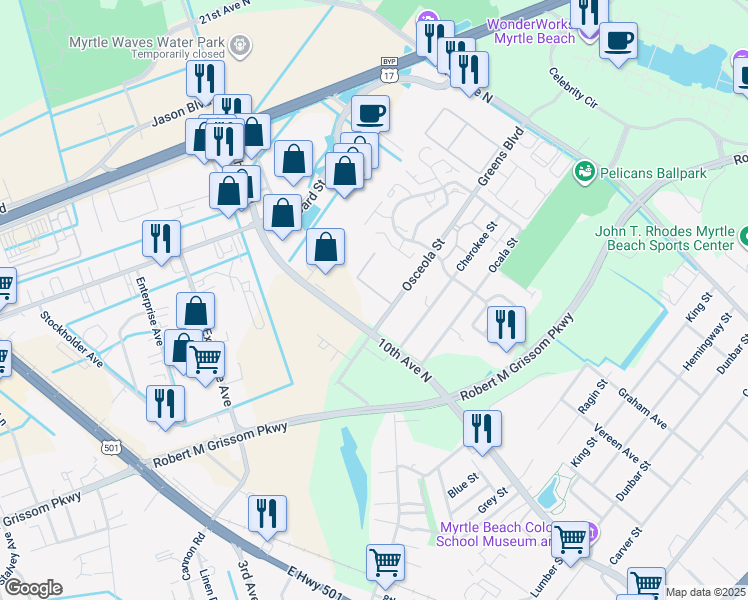 map of restaurants, bars, coffee shops, grocery stores, and more near 1005 Osceola Street in Myrtle Beach