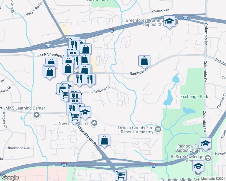 map of restaurants, bars, coffee shops, grocery stores, and more near 3022 Western Sunset in Decatur