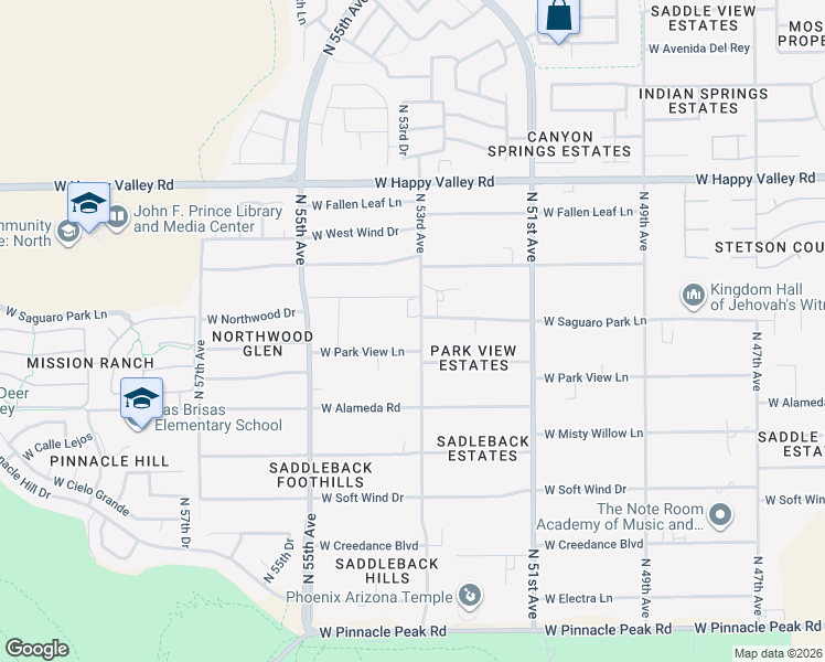 map of restaurants, bars, coffee shops, grocery stores, and more near 24440 North 53rd Avenue in Glendale
