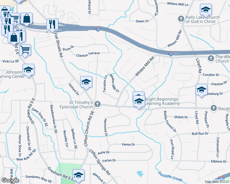 map of restaurants, bars, coffee shops, grocery stores, and more near 2727 Whites Mill Court in Decatur