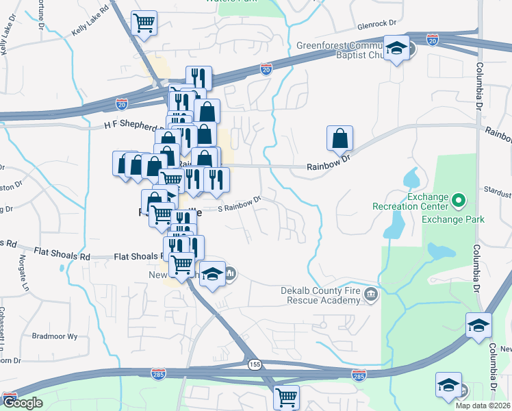 map of restaurants, bars, coffee shops, grocery stores, and more near 3015 Rainbow Drive in Decatur
