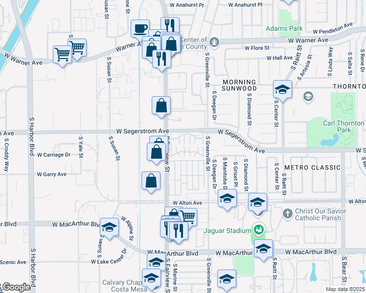 map of restaurants, bars, coffee shops, grocery stores, and more near 2951 South Fairview Street in Santa Ana