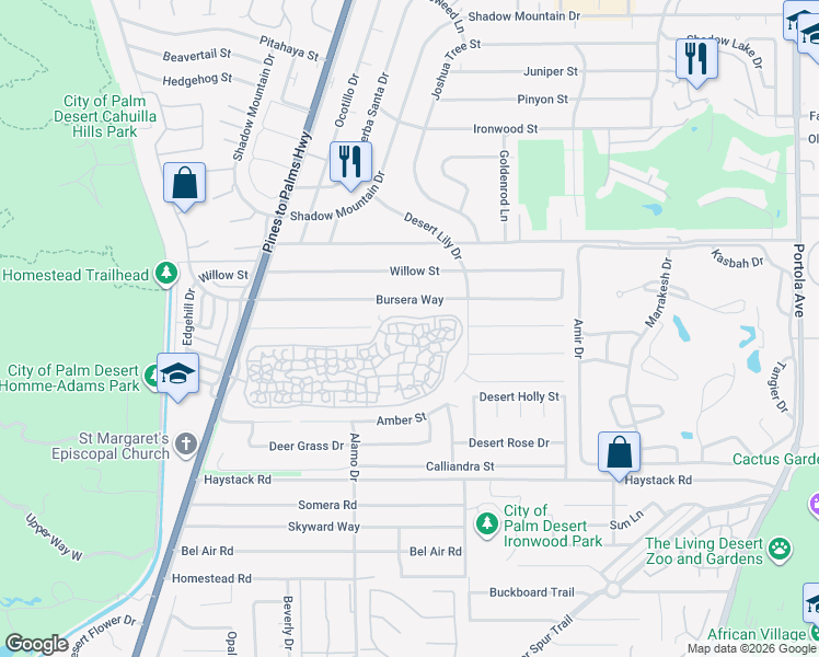 map of restaurants, bars, coffee shops, grocery stores, and more near 73189 Alice Marble Lane in Palm Desert