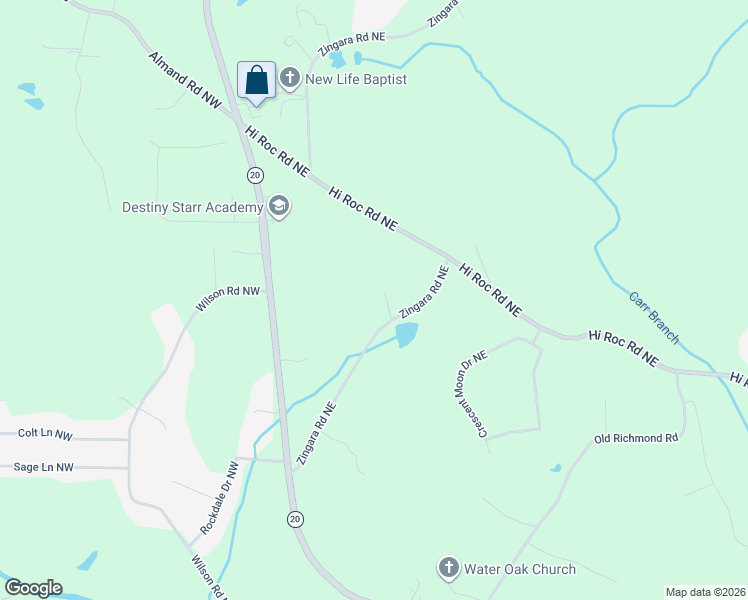 map of restaurants, bars, coffee shops, grocery stores, and more near 2410 Zingara Road Northeast in Conyers