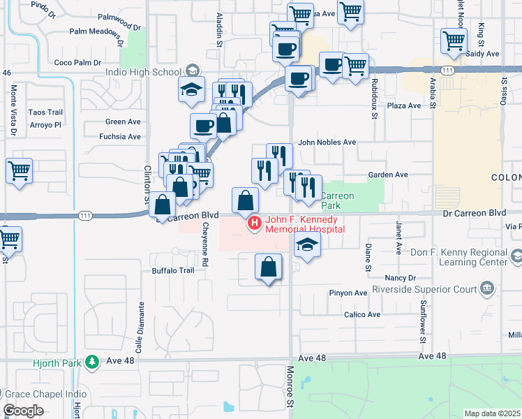 map of restaurants, bars, coffee shops, grocery stores, and more near 46845 Monroe Street in Indio