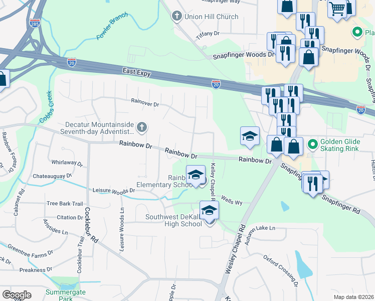 map of restaurants, bars, coffee shops, grocery stores, and more near 4032 Rainbow Drive in Decatur