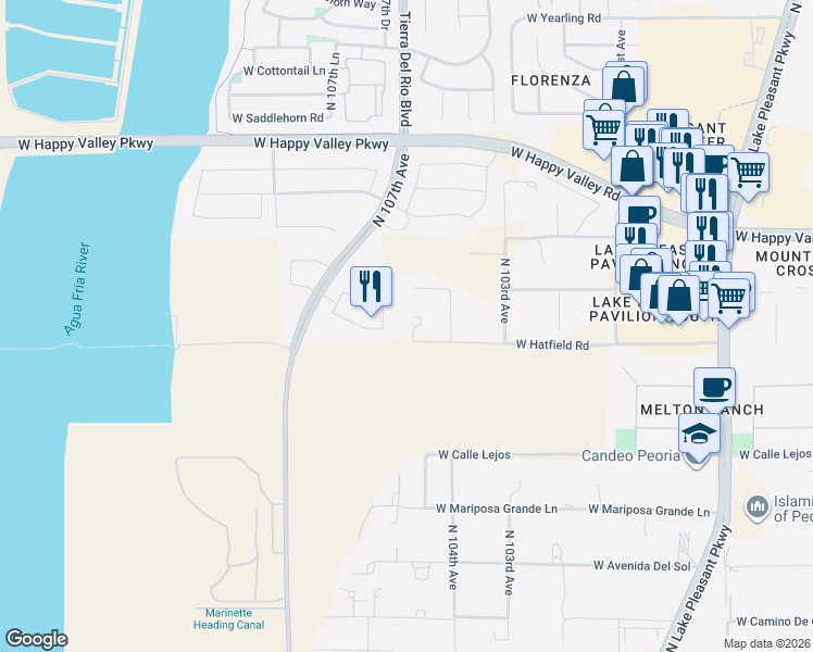 map of restaurants, bars, coffee shops, grocery stores, and more near 24703 North 106th Drive in Peoria