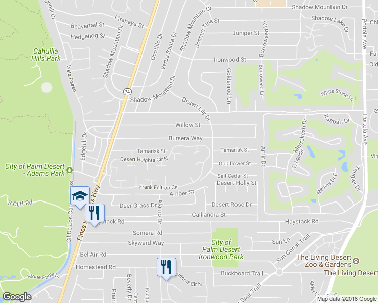 map of restaurants, bars, coffee shops, grocery stores, and more near 73197 Rod Laver Lane in Palm Desert