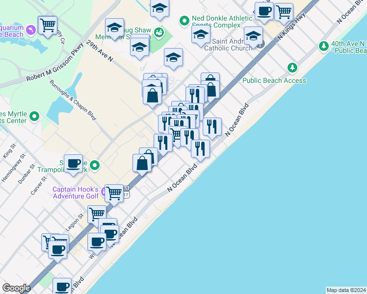 map of restaurants, bars, coffee shops, grocery stores, and more near 412 28th Avenue North in Myrtle Beach