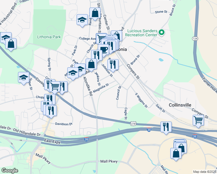 map of restaurants, bars, coffee shops, grocery stores, and more near 6893 Magnolia Street in Lithonia