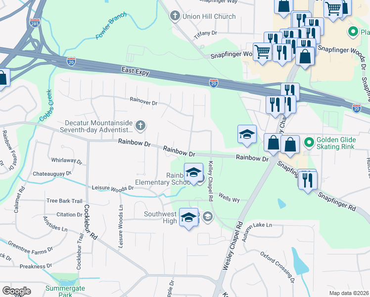 map of restaurants, bars, coffee shops, grocery stores, and more near 4032 Rainbow Drive in Decatur