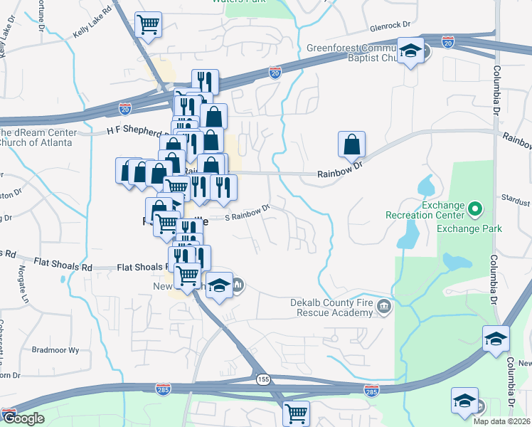 map of restaurants, bars, coffee shops, grocery stores, and more near 3015 Rainbow Drive in Decatur