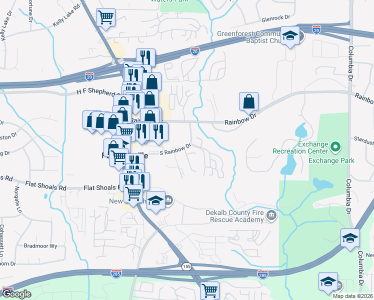 map of restaurants, bars, coffee shops, grocery stores, and more near 3015 Rainbow Drive in Decatur
