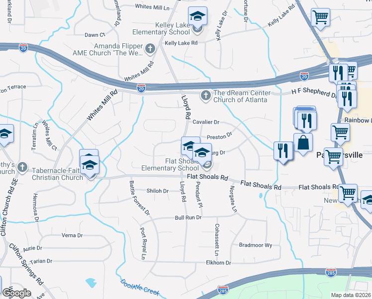map of restaurants, bars, coffee shops, grocery stores, and more near 2724 Lloyd Road in Decatur