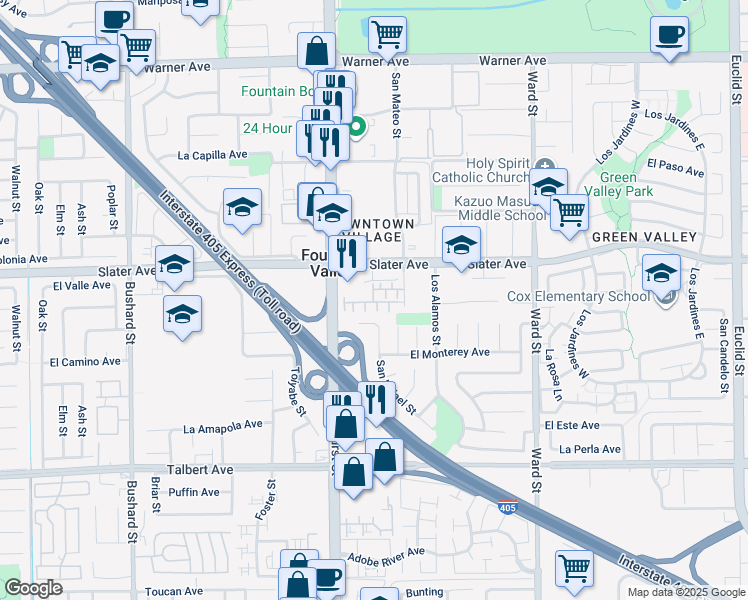 map of restaurants, bars, coffee shops, grocery stores, and more near 17537 Reflections Court in Fountain Valley