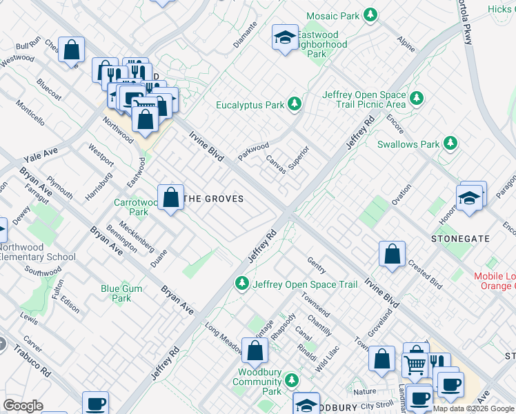 map of restaurants, bars, coffee shops, grocery stores, and more near 5200 Irvine Boulevard in Irvine