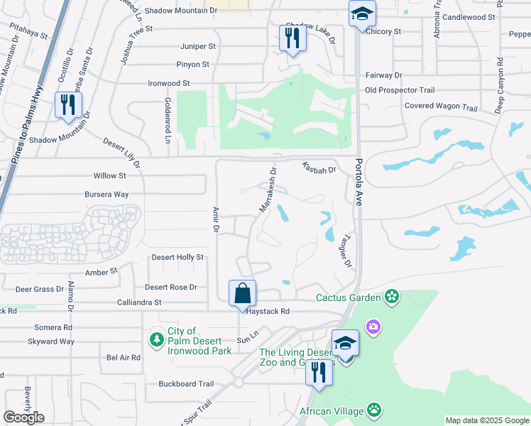 map of restaurants, bars, coffee shops, grocery stores, and more near 47172 El Agadir in Palm Desert