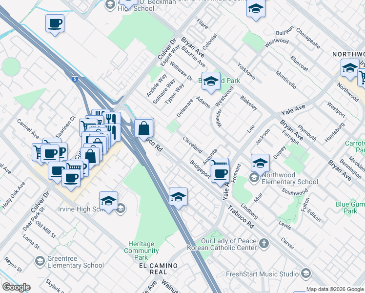 map of restaurants, bars, coffee shops, grocery stores, and more near 9 Burke in Irvine