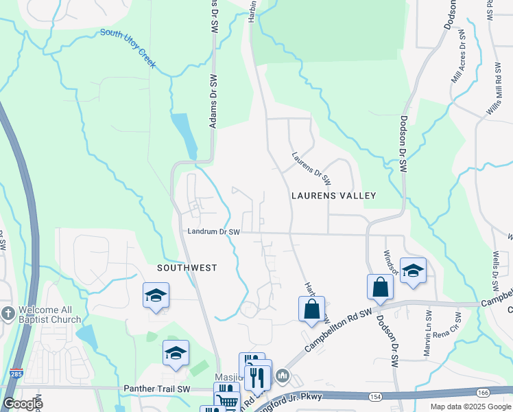 map of restaurants, bars, coffee shops, grocery stores, and more near 2929 Landrum Arms Drive Southwest in Atlanta