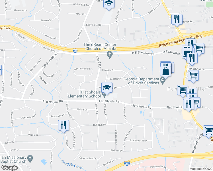 map of restaurants, bars, coffee shops, grocery stores, and more near 2586 Williamsburg Drive in Decatur