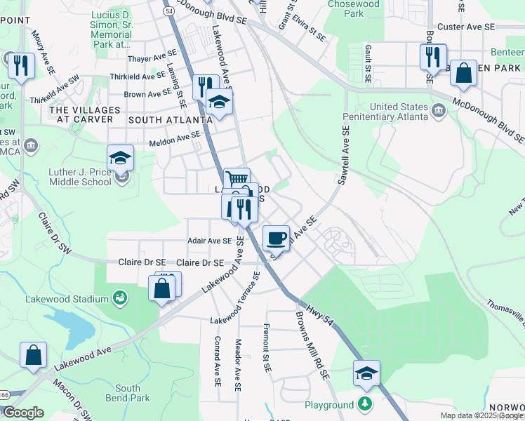 map of restaurants, bars, coffee shops, grocery stores, and more near 9 Charleston Avenue Southeast in Atlanta