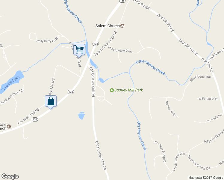 map of restaurants, bars, coffee shops, grocery stores, and more near 2455 Costley Mill Road Northeast in Conyers