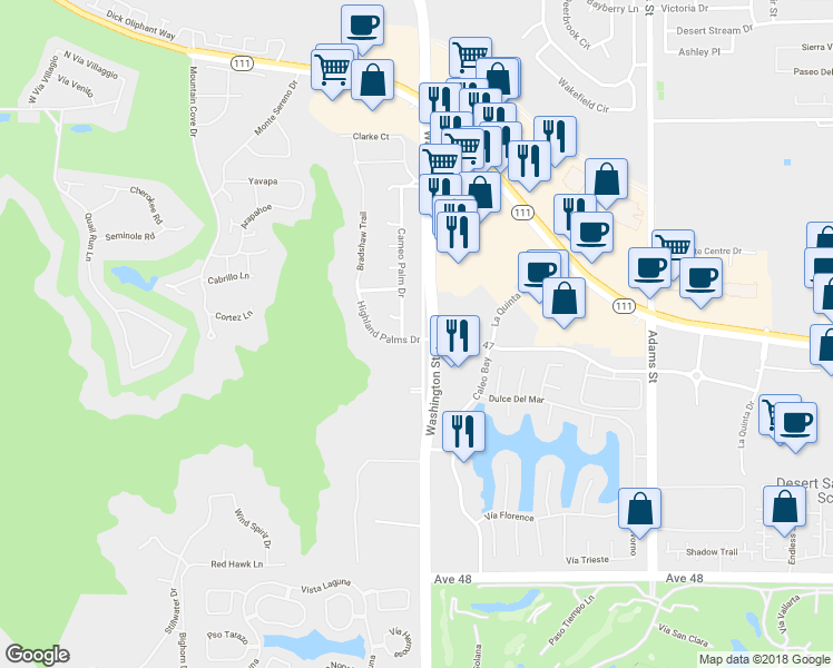 map of restaurants, bars, coffee shops, grocery stores, and more near 46895 Washington Street in La Quinta