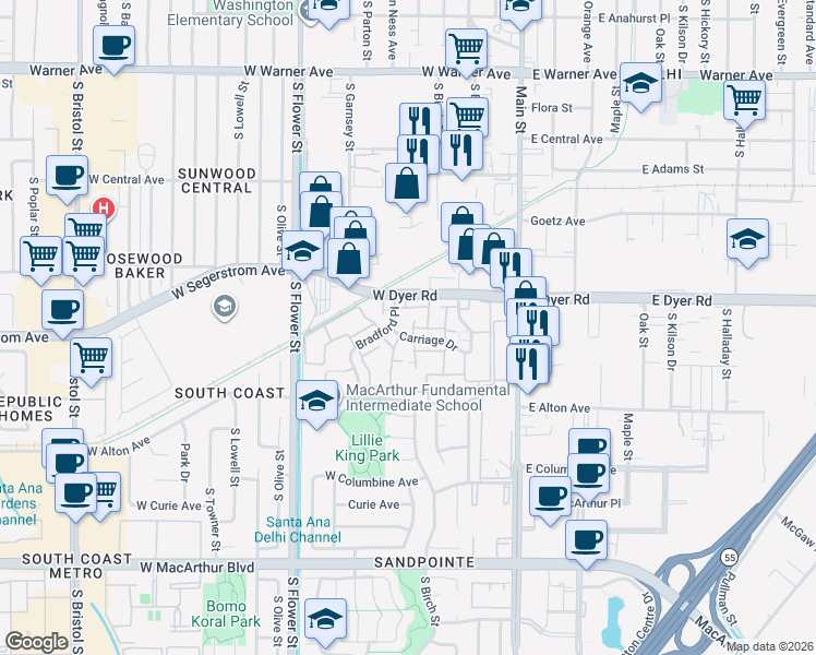 map of restaurants, bars, coffee shops, grocery stores, and more near 2920A Bradford Place in Santa Ana