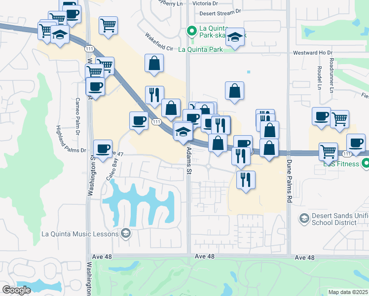 map of restaurants, bars, coffee shops, grocery stores, and more near 78995 California 111 in La Quinta