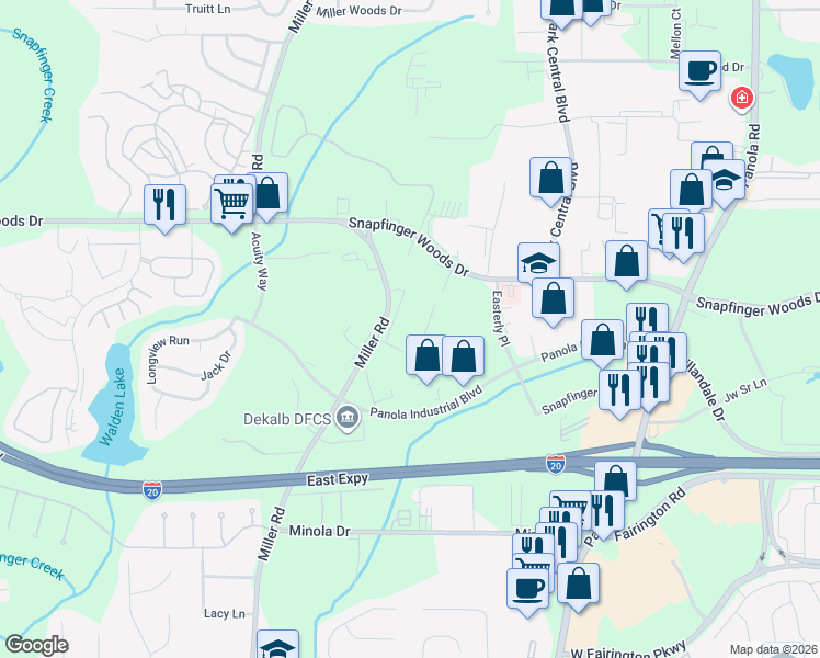 map of restaurants, bars, coffee shops, grocery stores, and more near 2800 Miller Road in Decatur