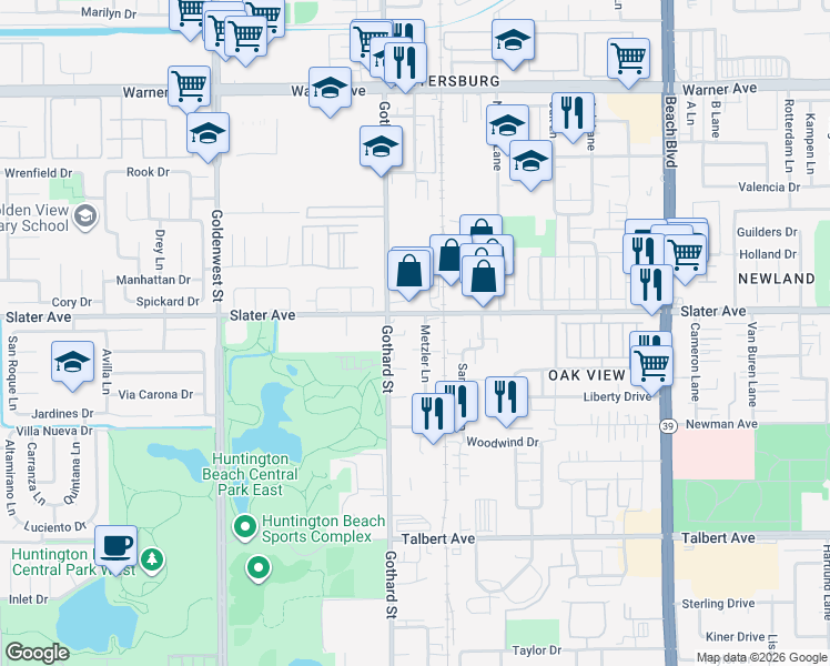 map of restaurants, bars, coffee shops, grocery stores, and more near 17531 Metzler Lane in Huntington Beach