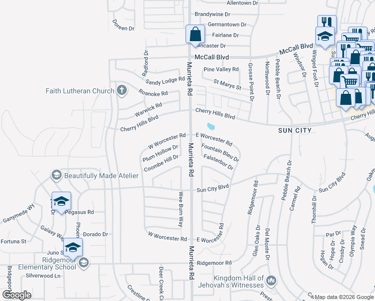map of restaurants, bars, coffee shops, grocery stores, and more near 25951 Coombe Hill Drive in Menifee