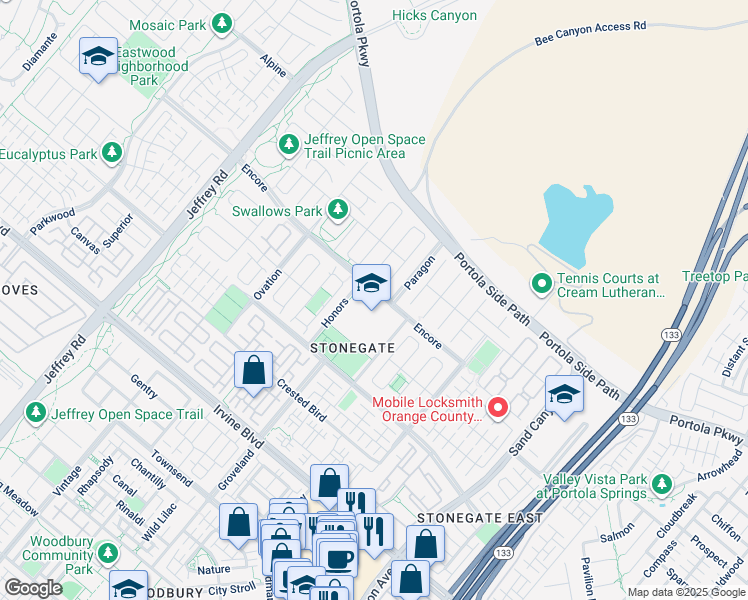 map of restaurants, bars, coffee shops, grocery stores, and more near 100 Encore in Irvine