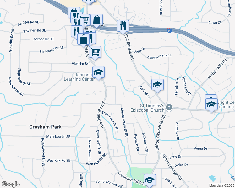 map of restaurants, bars, coffee shops, grocery stores, and more near 2724 Larkspur Drive Southeast in Atlanta