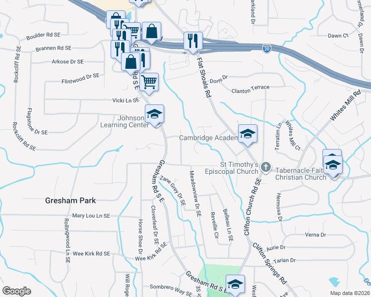 map of restaurants, bars, coffee shops, grocery stores, and more near 2712 Larkspur Drive Southeast in Atlanta