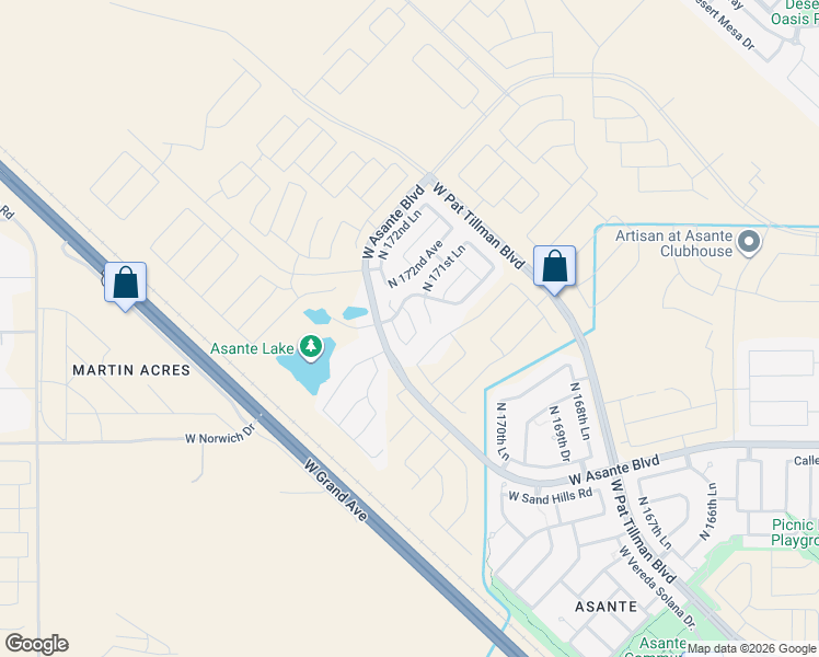 map of restaurants, bars, coffee shops, grocery stores, and more near 17227 West La Luz Road in Surprise